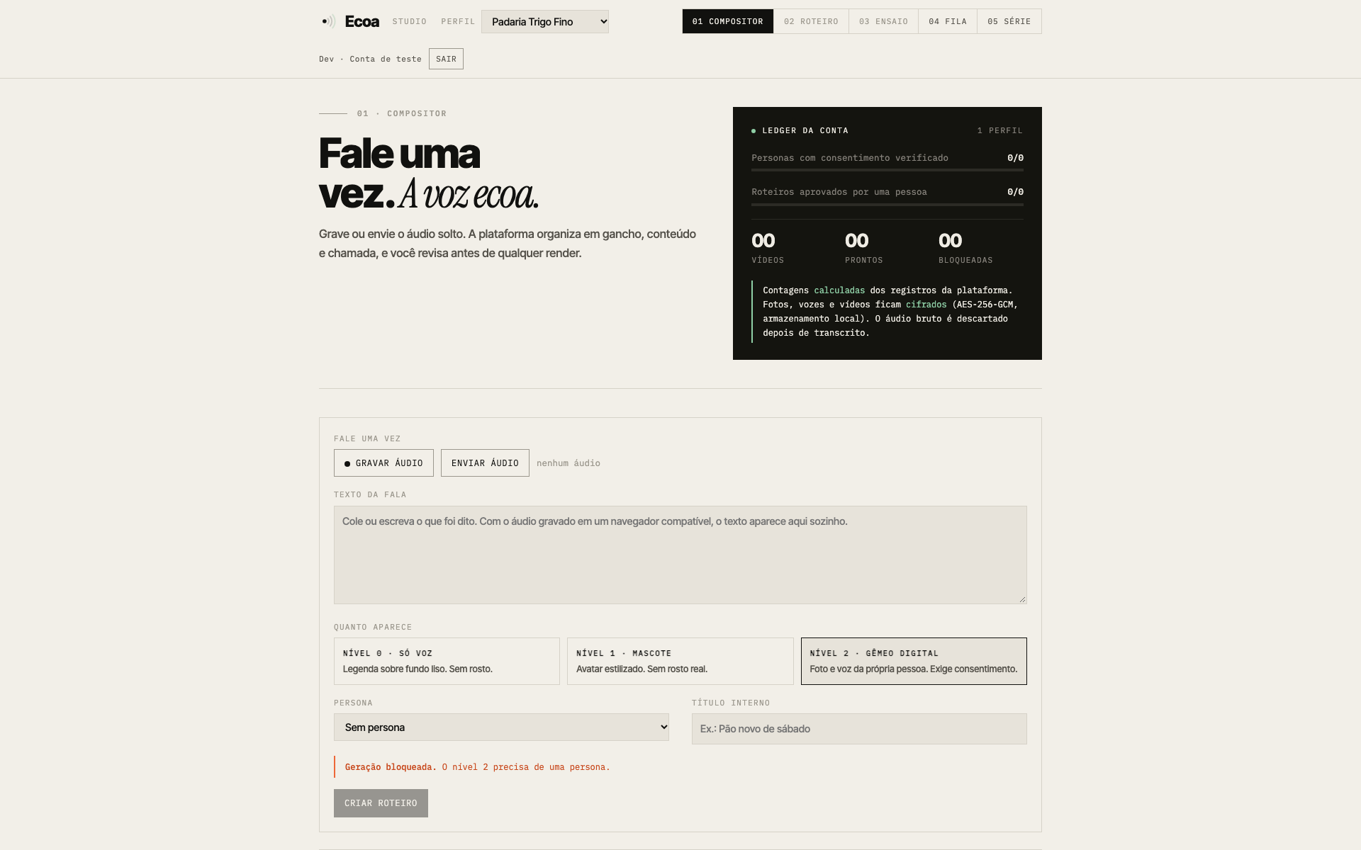 Tela do Compositor do studio da Ecoa, com o ledger da agência mostrando contagens calculadas